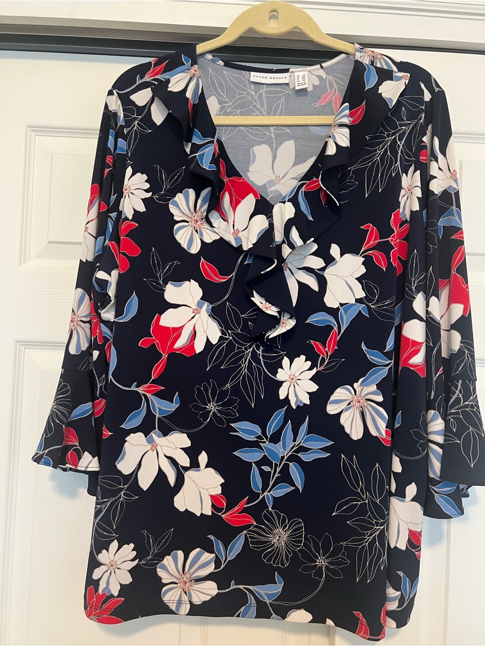 Susan Graver Navy Floral Ruffle V-Neck Blouse - Navy/Red/White/Blue, Size 2x.